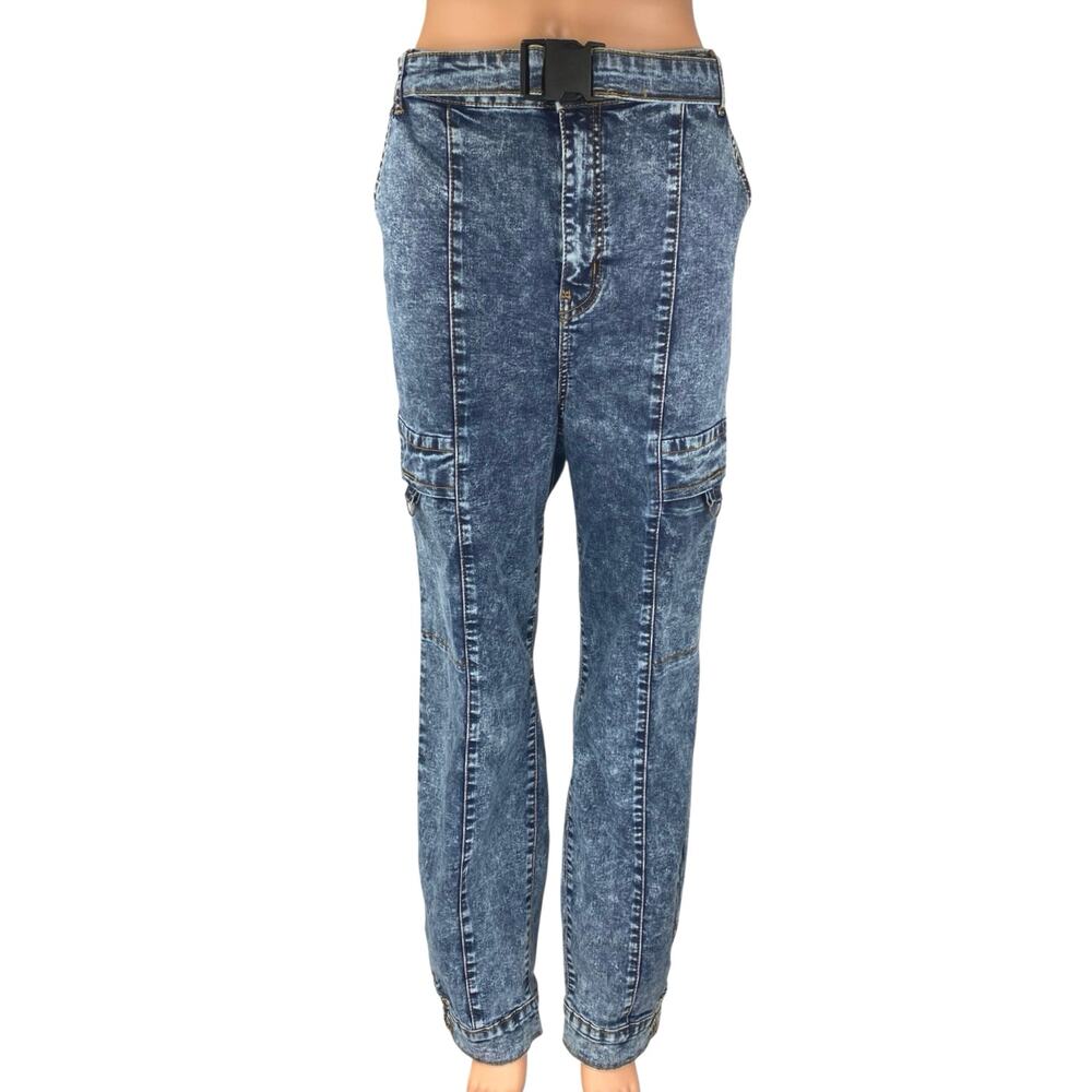 NEW Fashion to Figure Womens Blue High Waisted Straight Leg cargo Denim Jeans 18